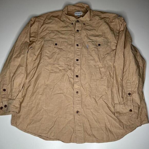 Carhartt Men’s 2XL Regular Relaxed Fit Button-Up Work Shirt Beige Tan Long - Picture 1 of 7